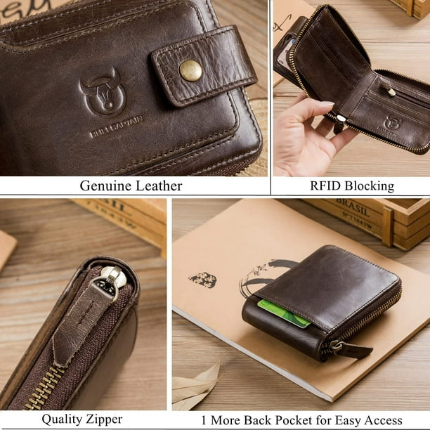 Genuine Leather Men's Wallet With RFID Blocking & Anti-Theft Chain - Large Capacity Bifold With Coin Pocket (Brown)