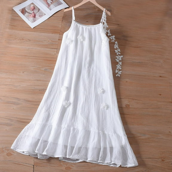 Riecok Girls Dress Summer Spaghetti Strap (2-14 Years) French Style 3D Flower White Tie-Dye Possible Beach Vacation Maxi Dress for Toddler Little Big Kids White 4 Years
