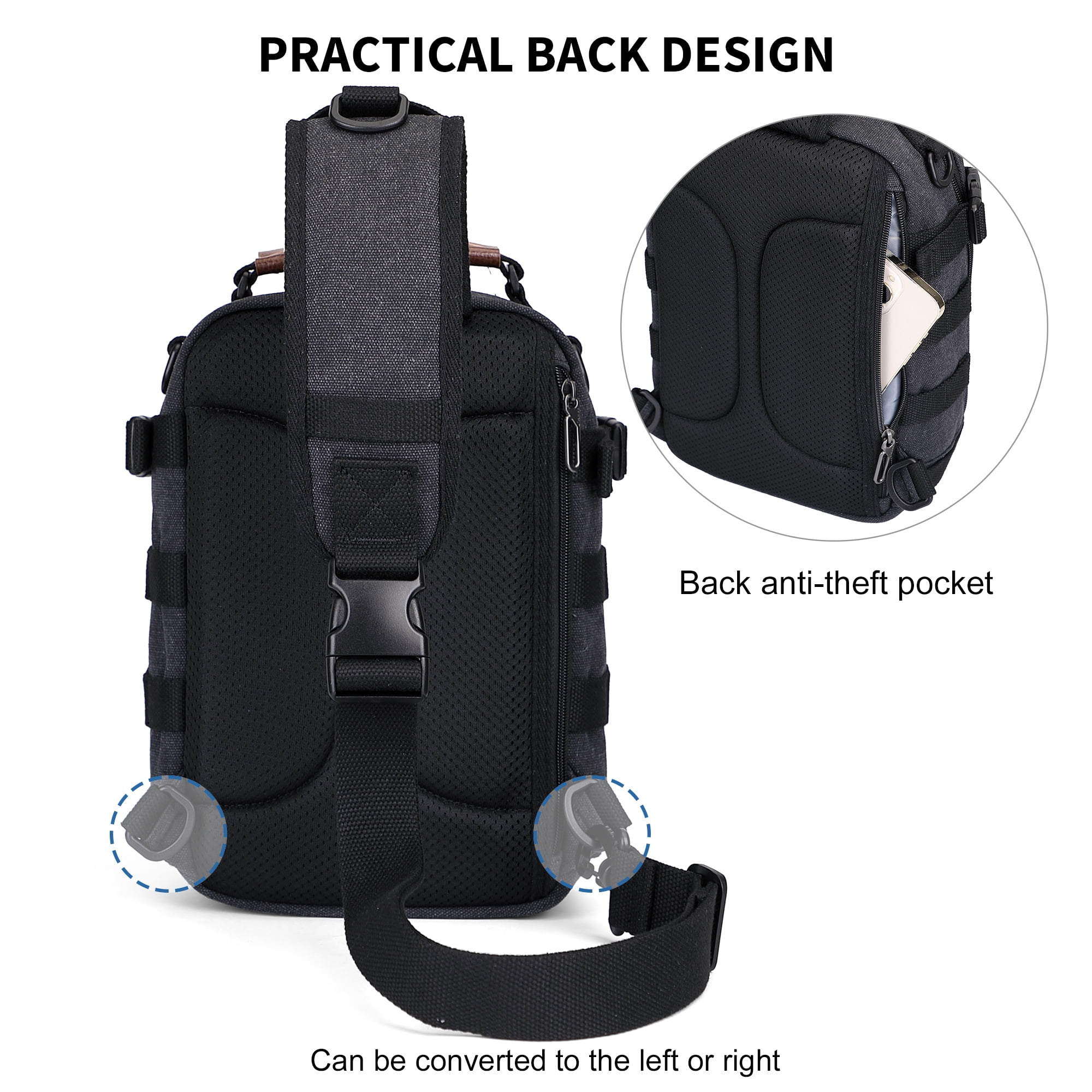 WITZMAN Sling Bag for Men Canvas Casual Chest Bag with USB Charging Port for Travel Daily Work(A8021 Black)
