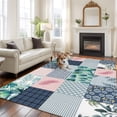 thumbnail image 3 of Botanical Patchwork 8'x10' Area Rug for Living Room Sectional Sofa, Teal Tropical Leaf Grey Plaid Washable Non Slip Large Rectangle Area Rug, 3 of 9