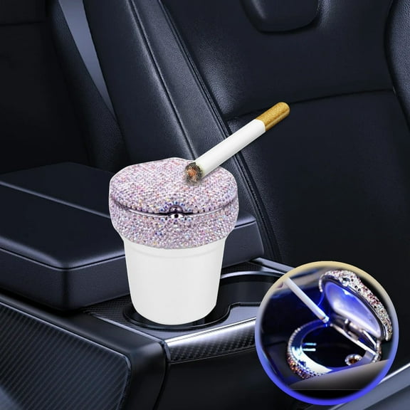 Ikohbadg Car Ashtray with Lid, Portable Ashtray for Car, Mini Car Trash Can, Diamond Encrusted Car Ashtray with LED Light, Multifunctional Car Cup Holder Ashtray, for Most Vehicle Cup Holder, White