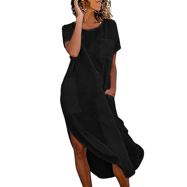 Robe en Lin à Manches Courtes pour Femmes Chemise Boutonnée Robes d'Été 2026 pour Femmes Décontractée Col Rond Midi Robe d'Été Confortable Mélange de Coton