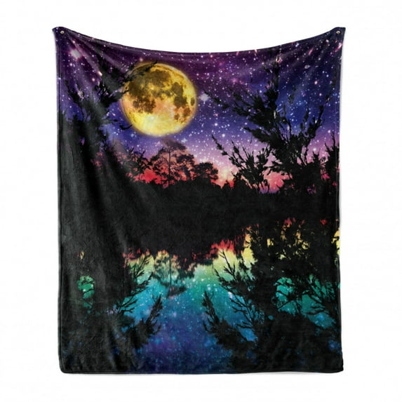 Purple Soft Flannel Fleece Throw Blanket, Lake Moonlight Stars in Night Sky with Trees Contemporary Modern Design, Cozy Plush for Indoor and Outdoor Use, 60" x 80", Purple Pink and Blue, by Ambesonne