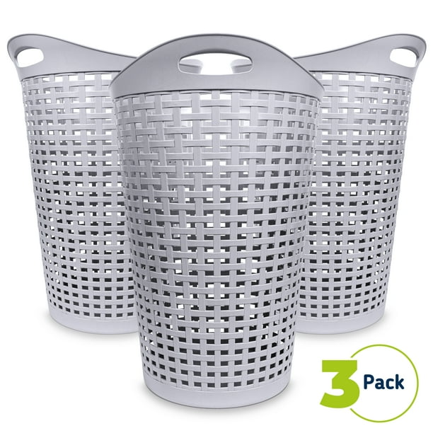 Mainstays Flexible Round Wicker Plastic Laundry Hamper, 3 Pack, Soft
