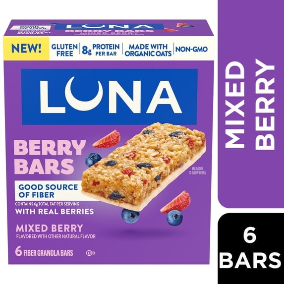 3 Pack - LUNA Berry Bars Mixed Berry Flavor Fiber Granola Bars, Gluten Free Protein Bars, Mother's Day Gift, 6 count
