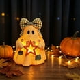 thumbnail image 4 of Voglyf Light Up Bow Ghost Figurine, 5.9" Wooden-Look Halloween Skeleton Decoration with Warm LED Lantern, Cute Spooky Collectible Statue for Indoor Tabletop, Mantel, Desk and Party Decor, 4 of 7