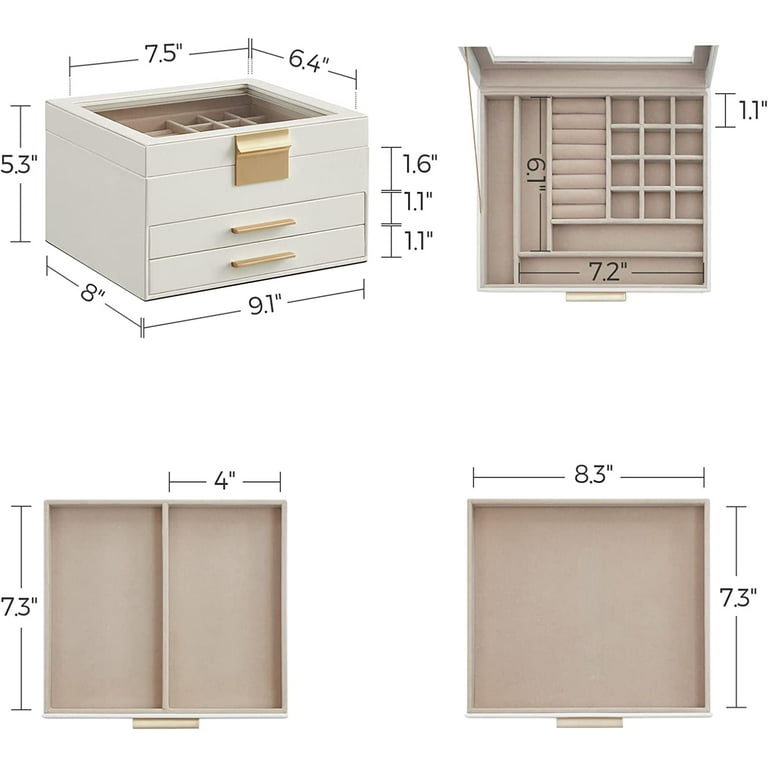 Jewelry Box with Glass Lid, 3-Layer Jewelry Organizer, 2-Drawers