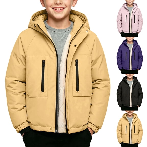 BXJX Boys Fleece Lined Jackets, Waterproof Zipper Outdoor Long Sleeve Winter Hooded Coats Yellow Size 6-7 T