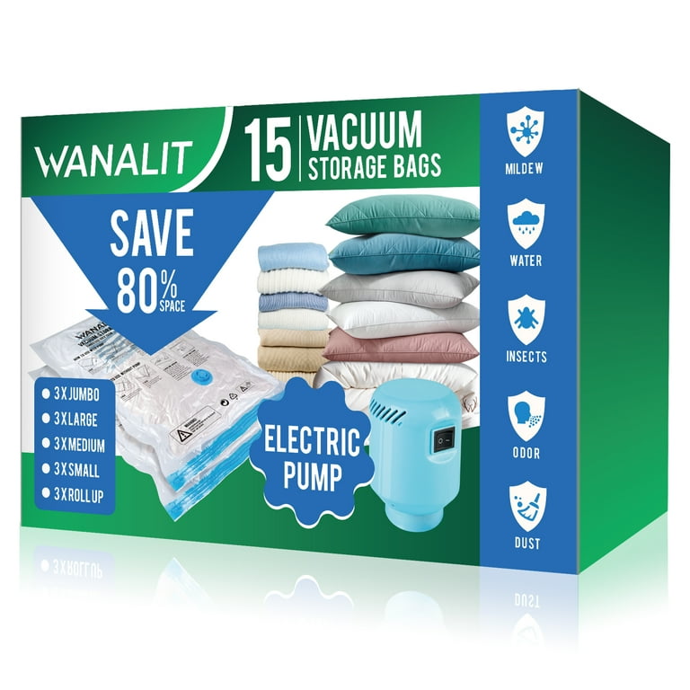 WANALIT Vacuum Storage Bags with Electric Air Pump 15 Pack 3 Jumbo 3 Large 3 Medium 3 Small 3 Roll Up Vacuum Sealer Bags Space Saver Bag for Clothes Blanket