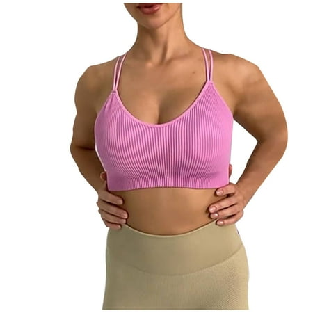 Push Up Sports Bras for Women Sexy Cross Back Ribbed Backless Bralette Wirefree Full Coverage Yoga Running Bra  Pink  S