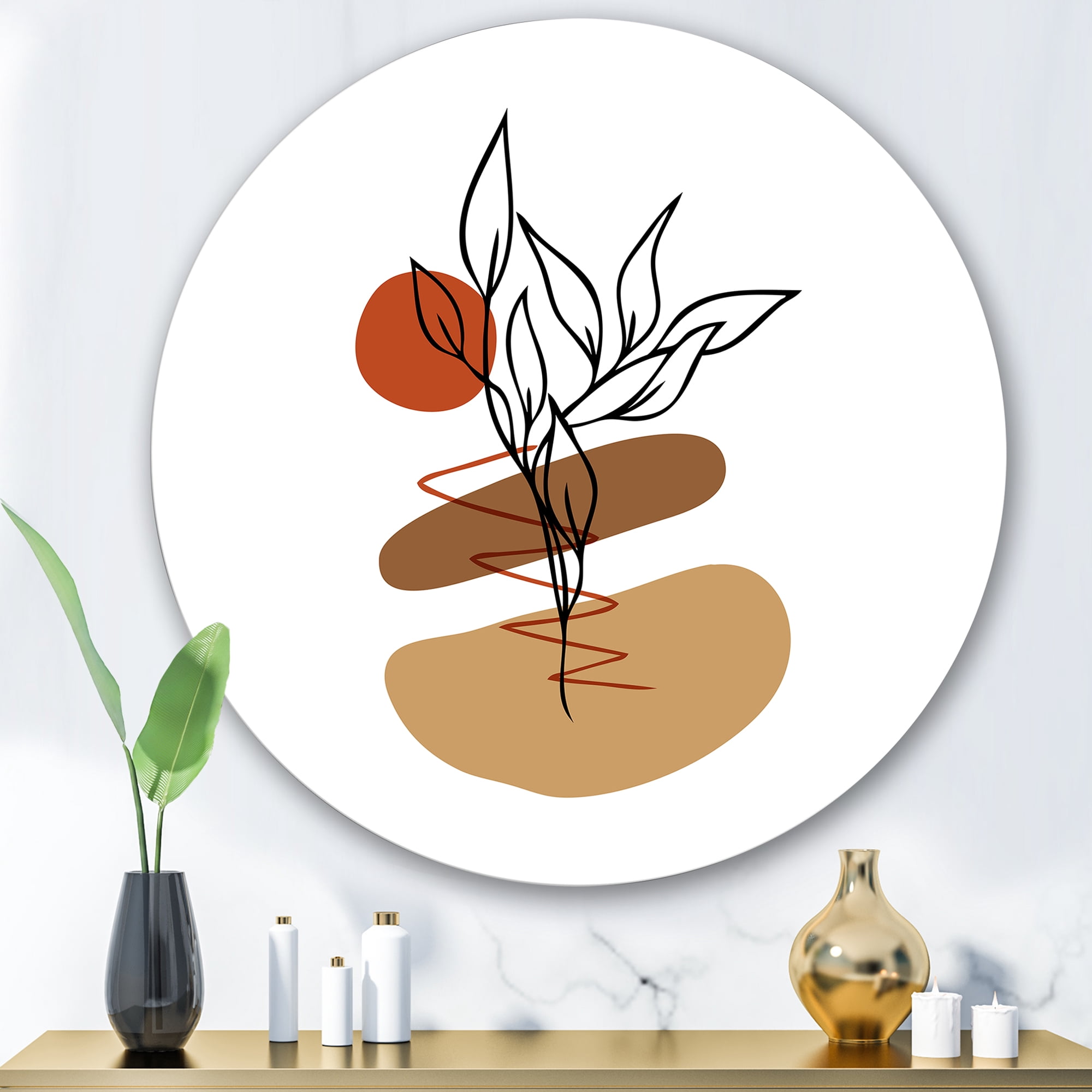 Designart 'Abstract Flowers Plants With Elementary Shapes II' Modern Circle Metal Wall Art 29x29 - Disc of 29