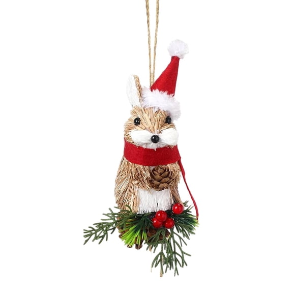 1 Pack Acrylic Woodland Animal Xmas Ornaments Sisal Straw Rustic, Classic Farmhouse Sisal Straw Friends Animals Figurines with Pinecone Berry, Neutral Rustic Forest Hanging Accessory, Trees, Wreaths
