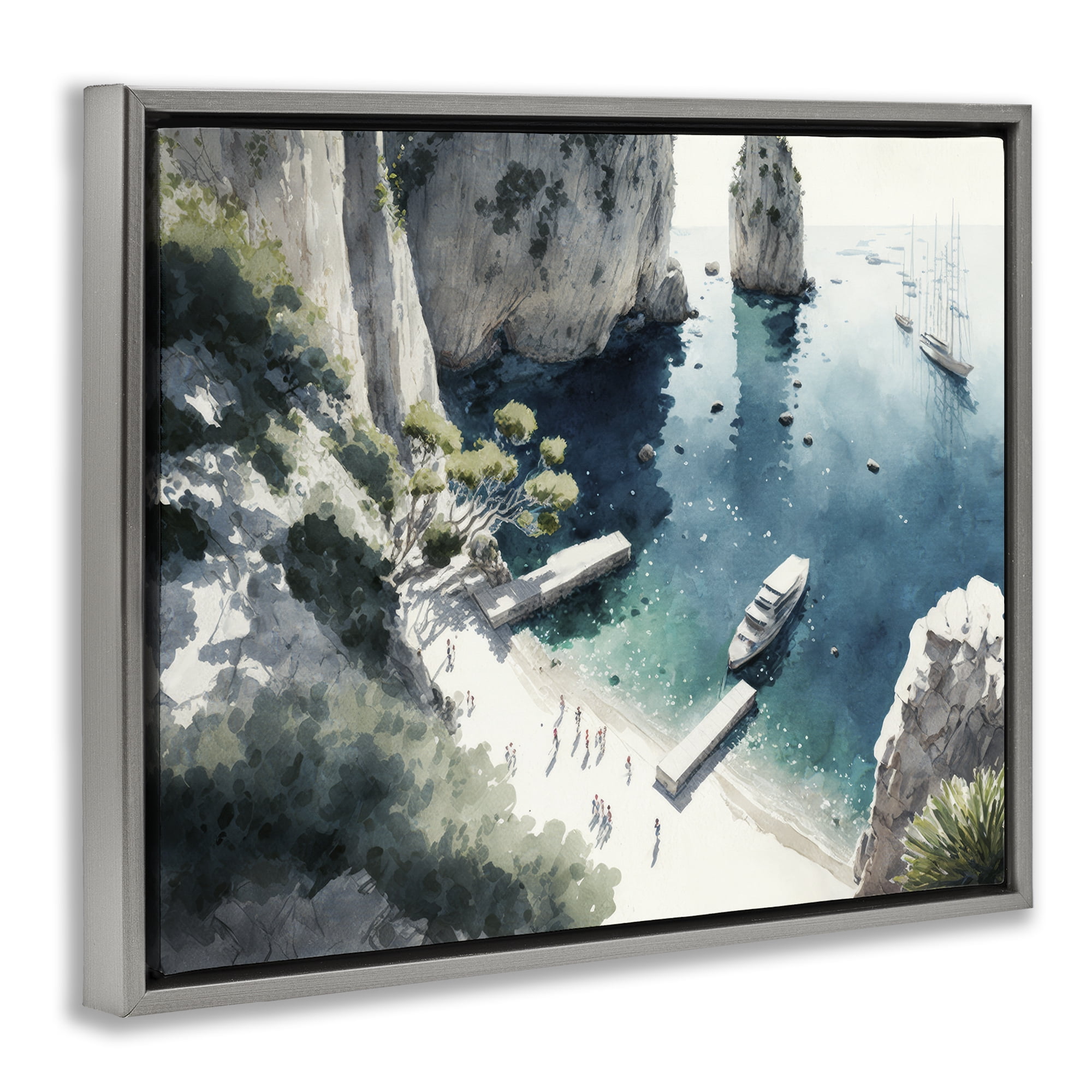 Stupell Industries Boats on Rocky Shore Landscape & Nature Painting Gray Floater Framed Canvas Art Print Wall Art, 21 x 17