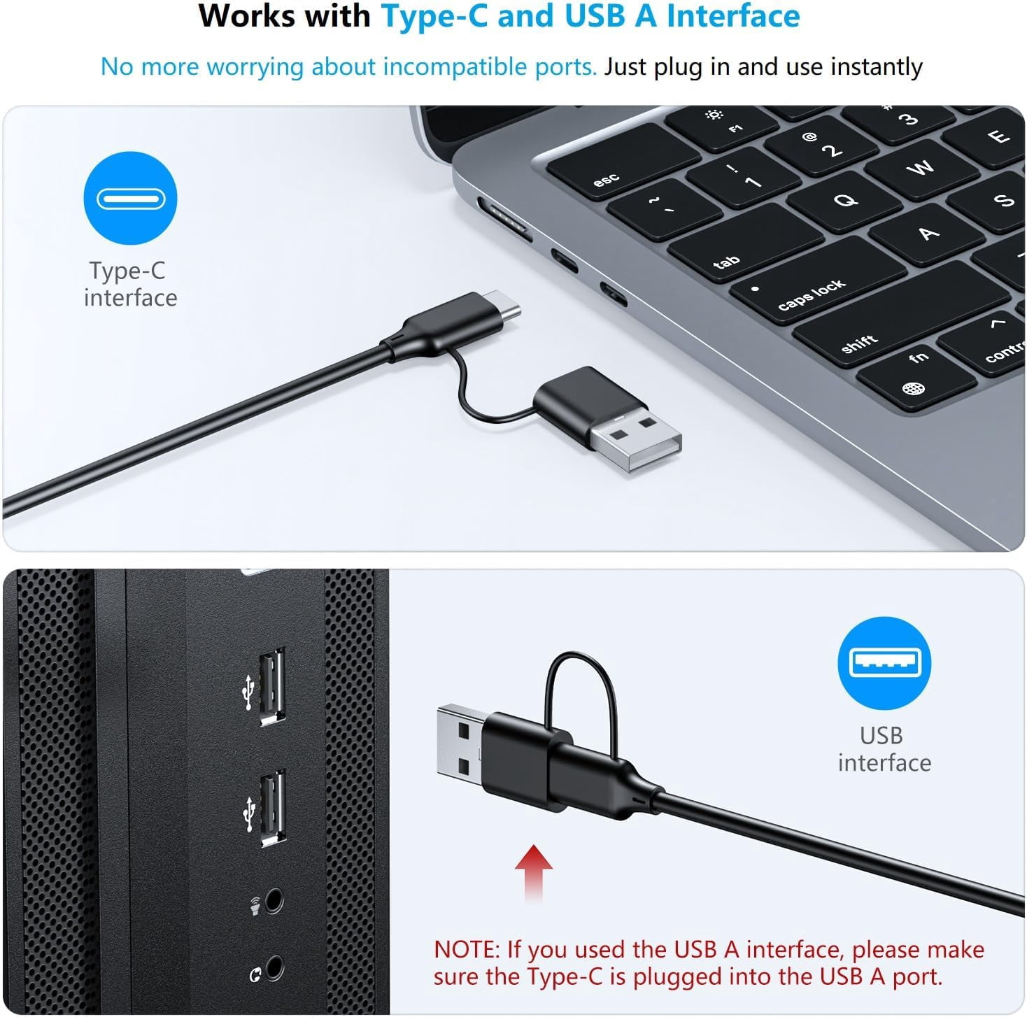 Large Print Computer Keyboard Wired with Stable Connection, Numeric Keypad, Type-C and USB A Dual Interface, Easy to See Type Big Letters for Windows, PC, Laptop