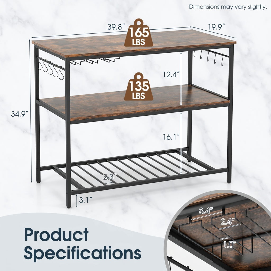 Resenkos 3 Shelves Kitchen Island Industrial Prep Table with Bottom Wine Rack-Rustic Brown, Storage Rack Microwave Oven Stand for Spices, Pots, and Pans
