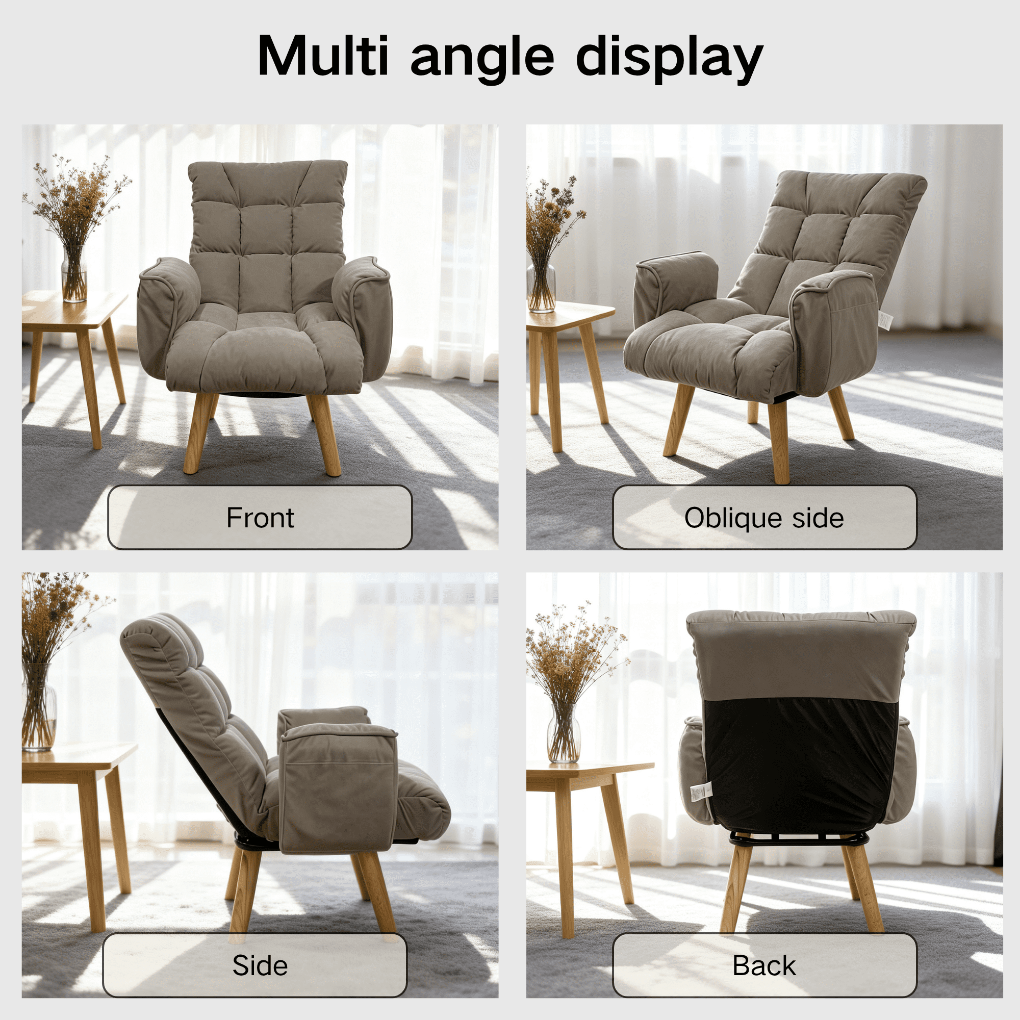 Lounge Chair with 360 Degree Rotating Seat and 3-Level Adjustable Back, Lazy Sofa Chair and Accent Seating with Solid Wood Legs for Living Room, Gray