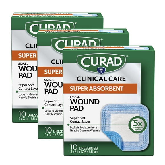 Wound Pad Curad, superabsorbente, tamaño pequeño, 3 x 3 cm, 10 unidades, paquete de 3