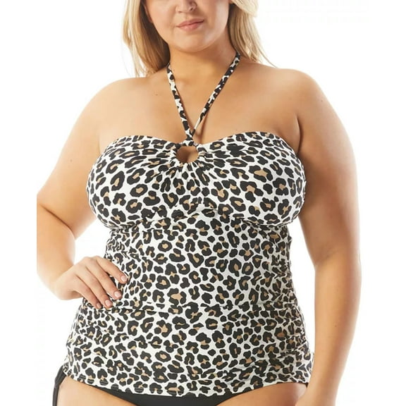 Michael Kors KHAKI LEOPARD Animal-Print Logo-Ring Shirred Tankini Top, US Medium