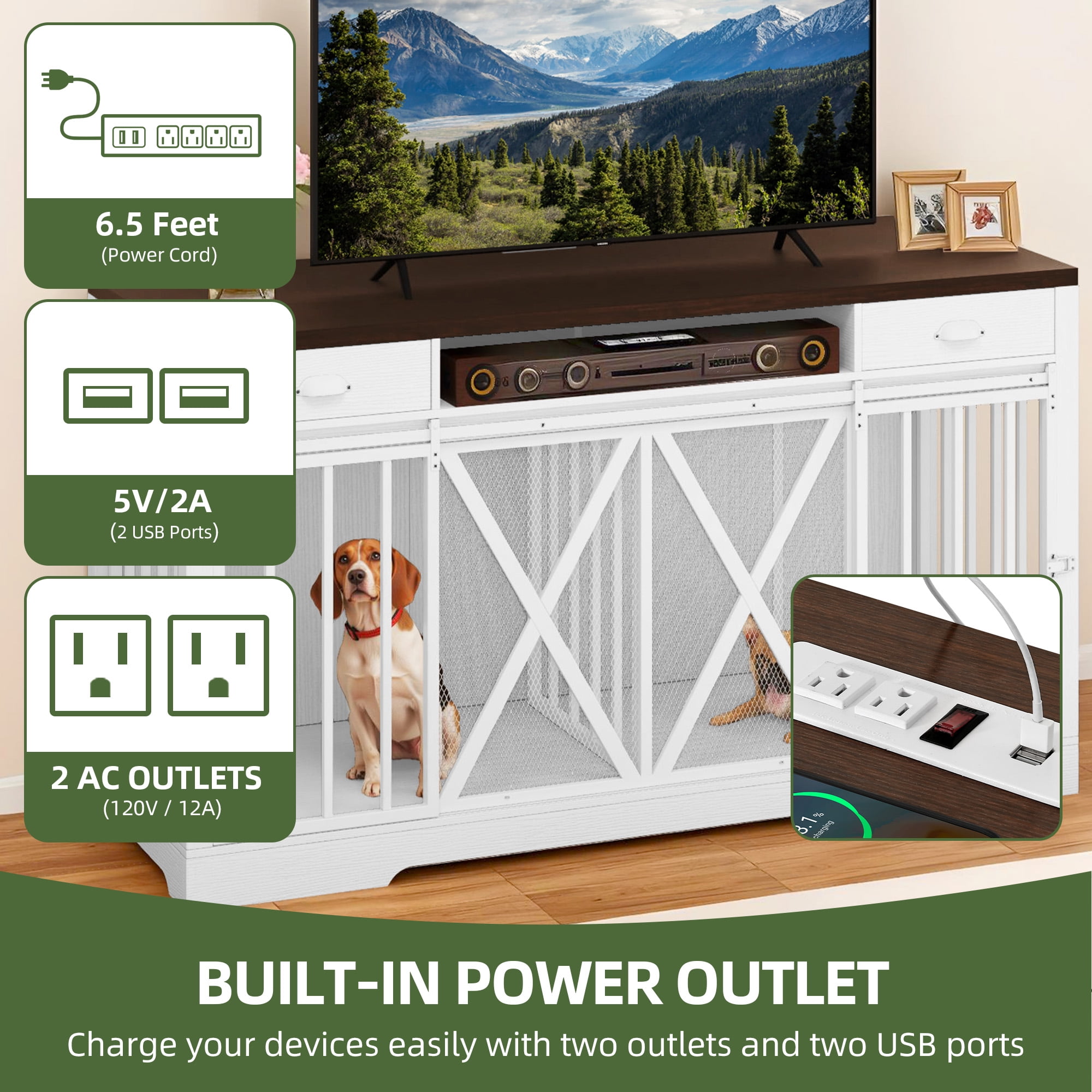 Uforic 63" Dog Crate Furniture with 2 Drawers,TV Stand with Charging Station 63" Large Wooden Indoor Dog Kennel - White