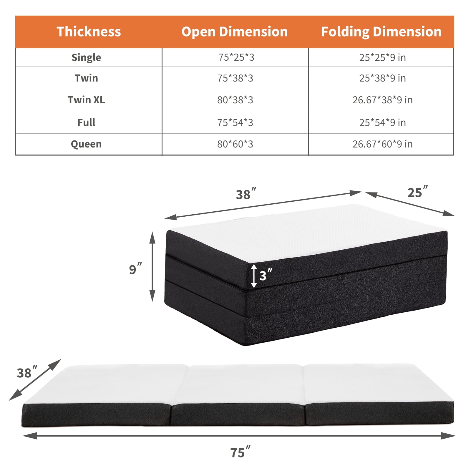 MAYEERTY 3" Portable Tri-Fold Memory Foam Mattress Non-Slip Floor Bed for Camping & Guest Use, Twin
