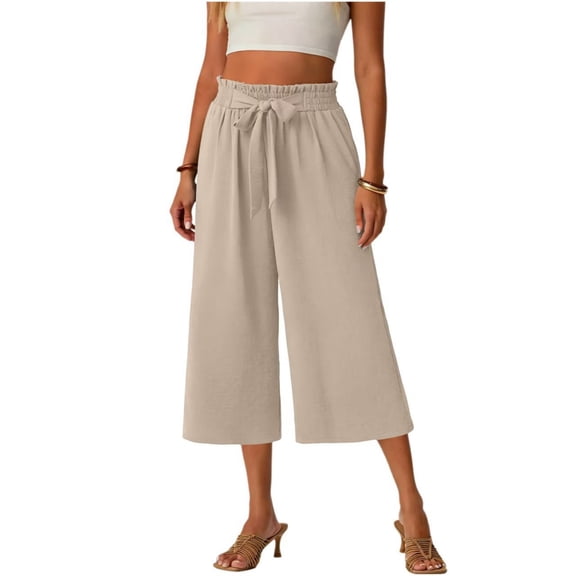 VV AVEORS Capri Pants For Women Wide Leg Summer Gaucho Capris Pant Palazzo Drawstring Loose Fit Casual Dressy Cropped Trousers With Pockets Beige 2XL