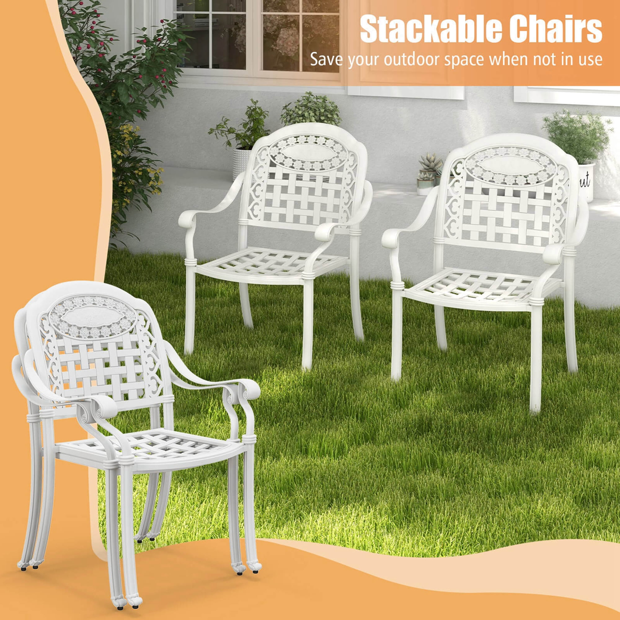 Costway 2pcs Patio Cast Aluminum Armrest Chairs Dining Stackable Outdoor White