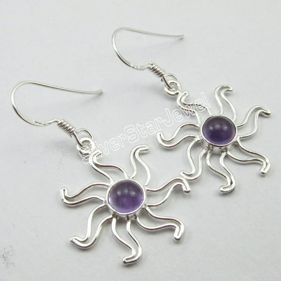 SilverStarJewel .925 Sterling Silver Fashion Jewelry, Rare Amethyst Artisan Sun Earrings 1.5"