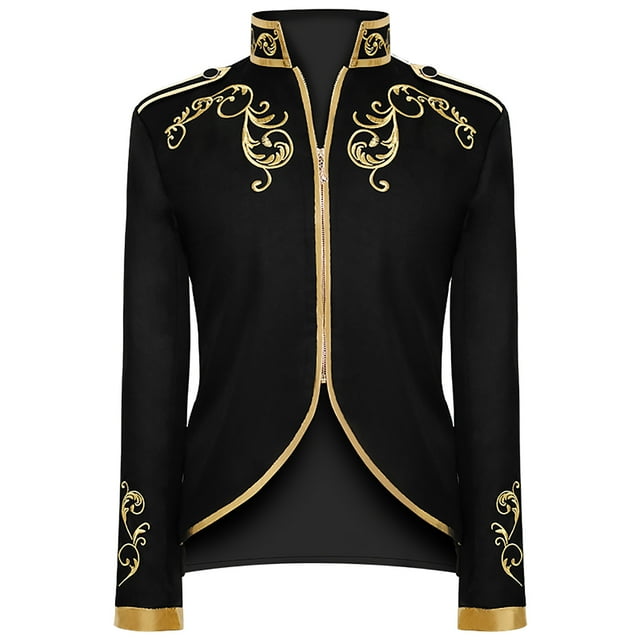 Penkiiy Blazer pour Hommes Mode Rétro Costume Brodé Or Veste Manteaux Noirs