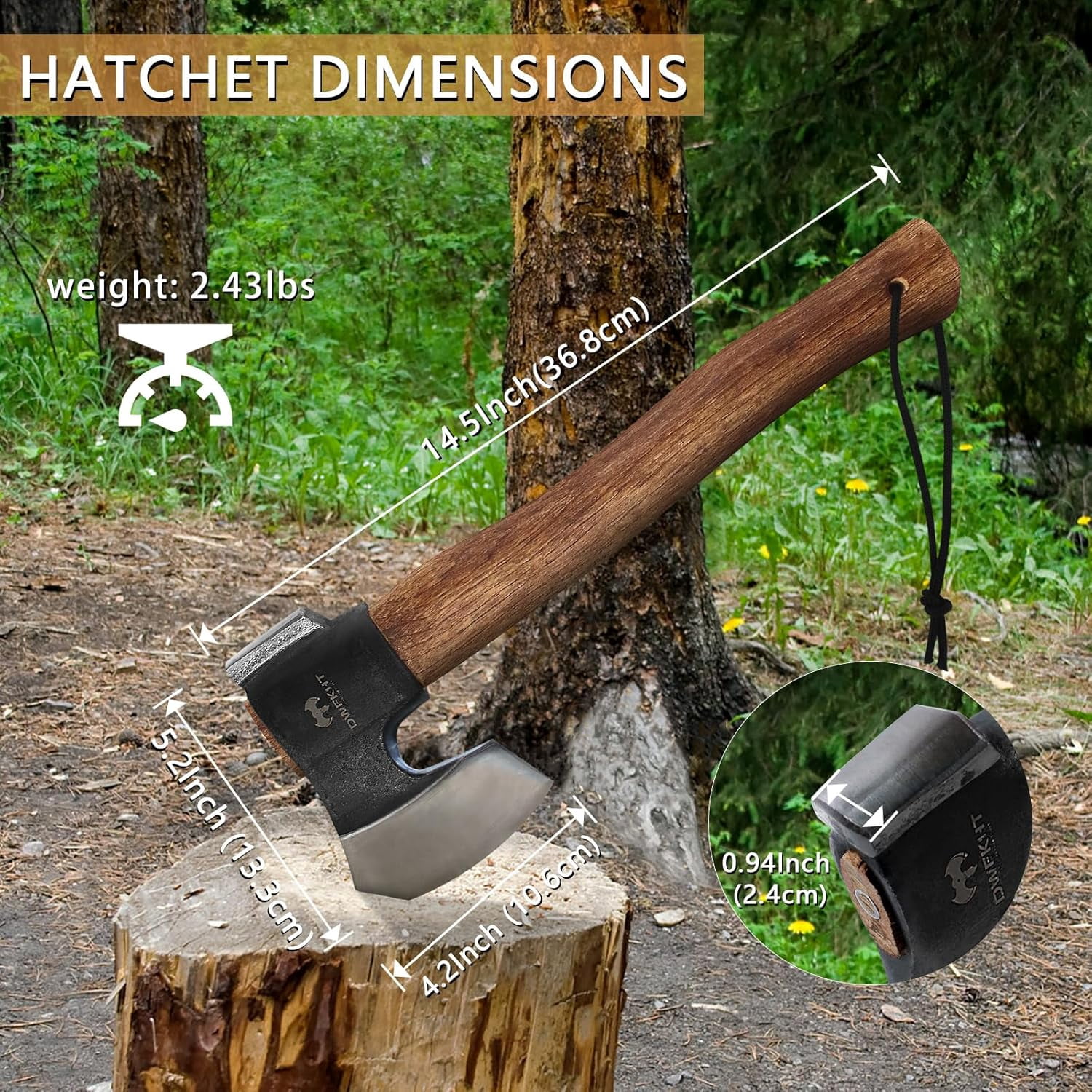DWFKHT 14.4" Camping Hatchet with Sheath, Hand Forged 1065 Steel Axe for Wood Chopping & Bushcraft