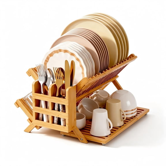 Bamboo Dish Drying Rack with Utensil Holder, 3 Tier Collapsible Dish Rack, Wooden Dish Racks for Kitchen Counter, Large Folding Drying Holder with Absorbent Dish Drying Mat