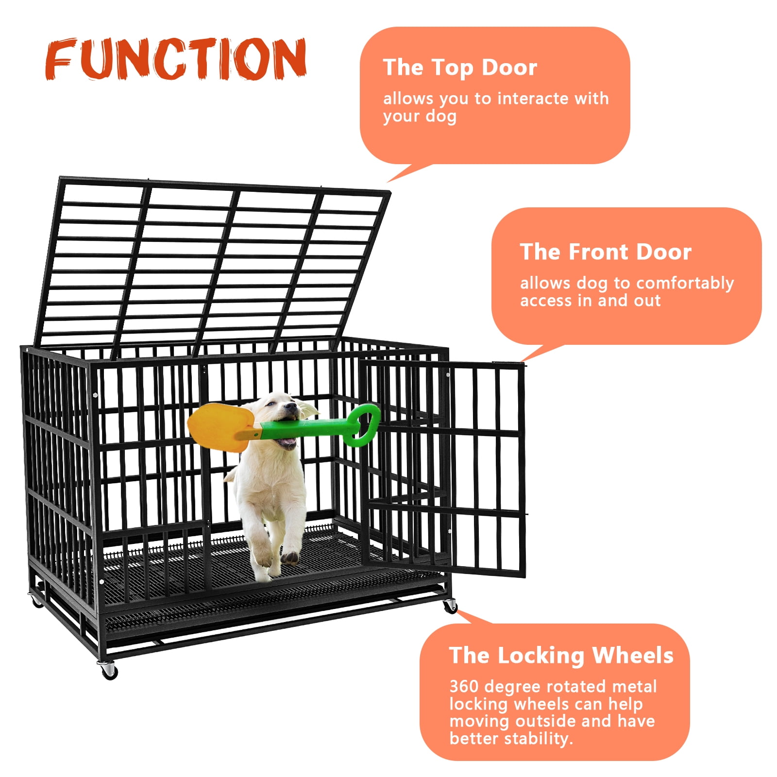 Waleaf 48 inch Heavy Duty Dog Crate, Indestructible Dog Cage Kennel for High Anxiety Dog, Escape Proof & Sturdy Locks Design, Extra Large Crate Indoor with Double Door and Removable Tray