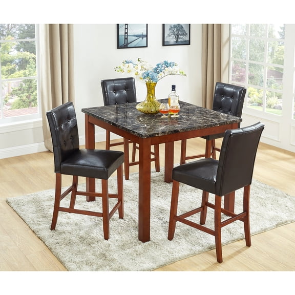 Modern 5pc Counter Height Dining With Brown Square Faux Marble Top Table And Upholstered Chairs For Pub Contemporary Style Leather