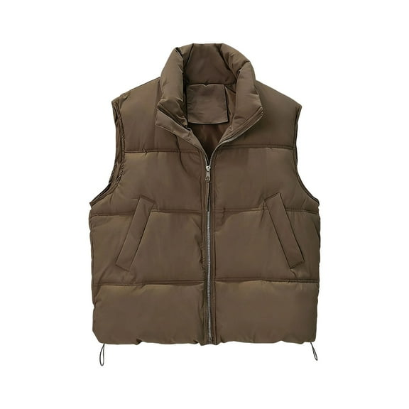 QUNYINEY Brown Puffer Vest for Women Zip Up Fall Short Gilet Stand Collar Sleeveless Loose Fit with Pockets Women Jacket