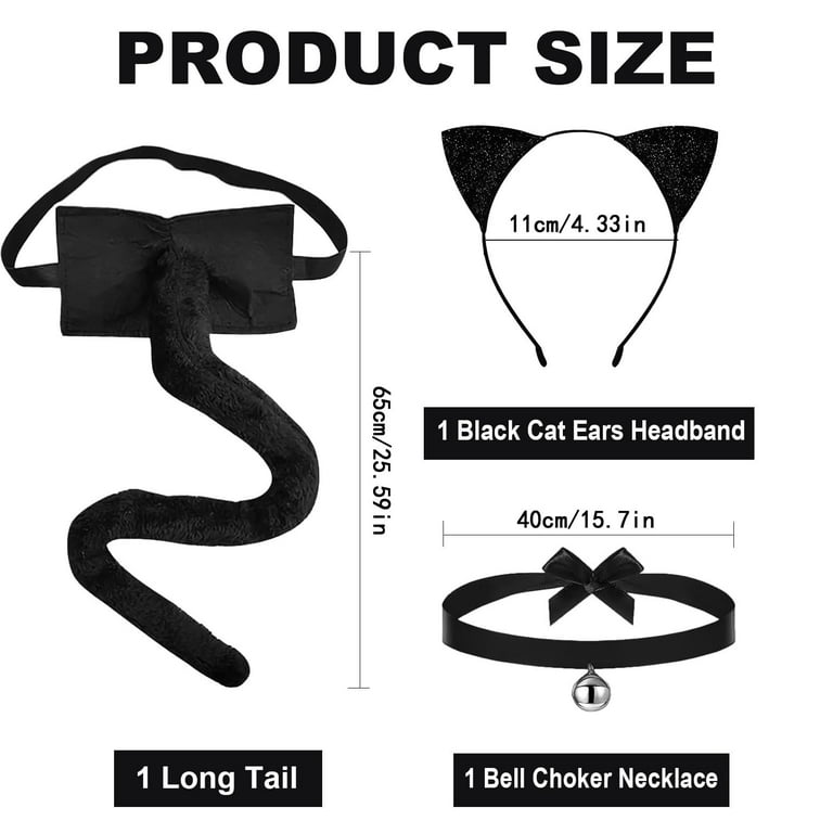 Fgnfyis Cat Ears and Tail Set with Headband Choker Necklace for Halloween Party Dress Up Black One Size