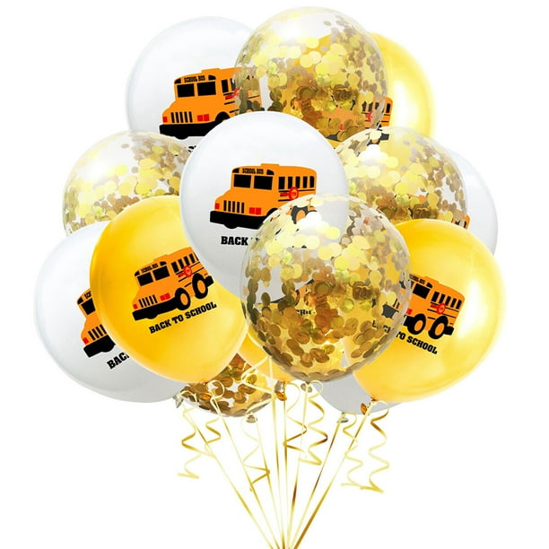 KAKOWELY Juego de 15 globos de 12 pulgadas para el regreso a clases, globos de látex con impresión de autobús escolar, globos decorativos para fiestas escolares (dorados)
