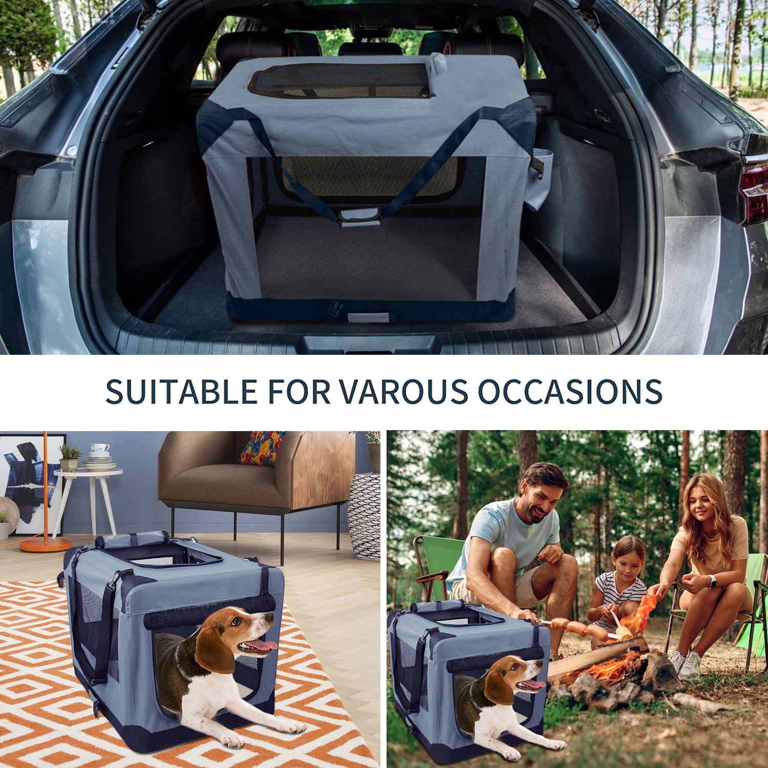 ZAKAPAWS Collapsible Soft Dog Crate, Portable 3 Door Dog Kennel, Travel Pet Crate Carrier for Indoor and Outdoor (26" L x 20" W x 20" H, Grey)