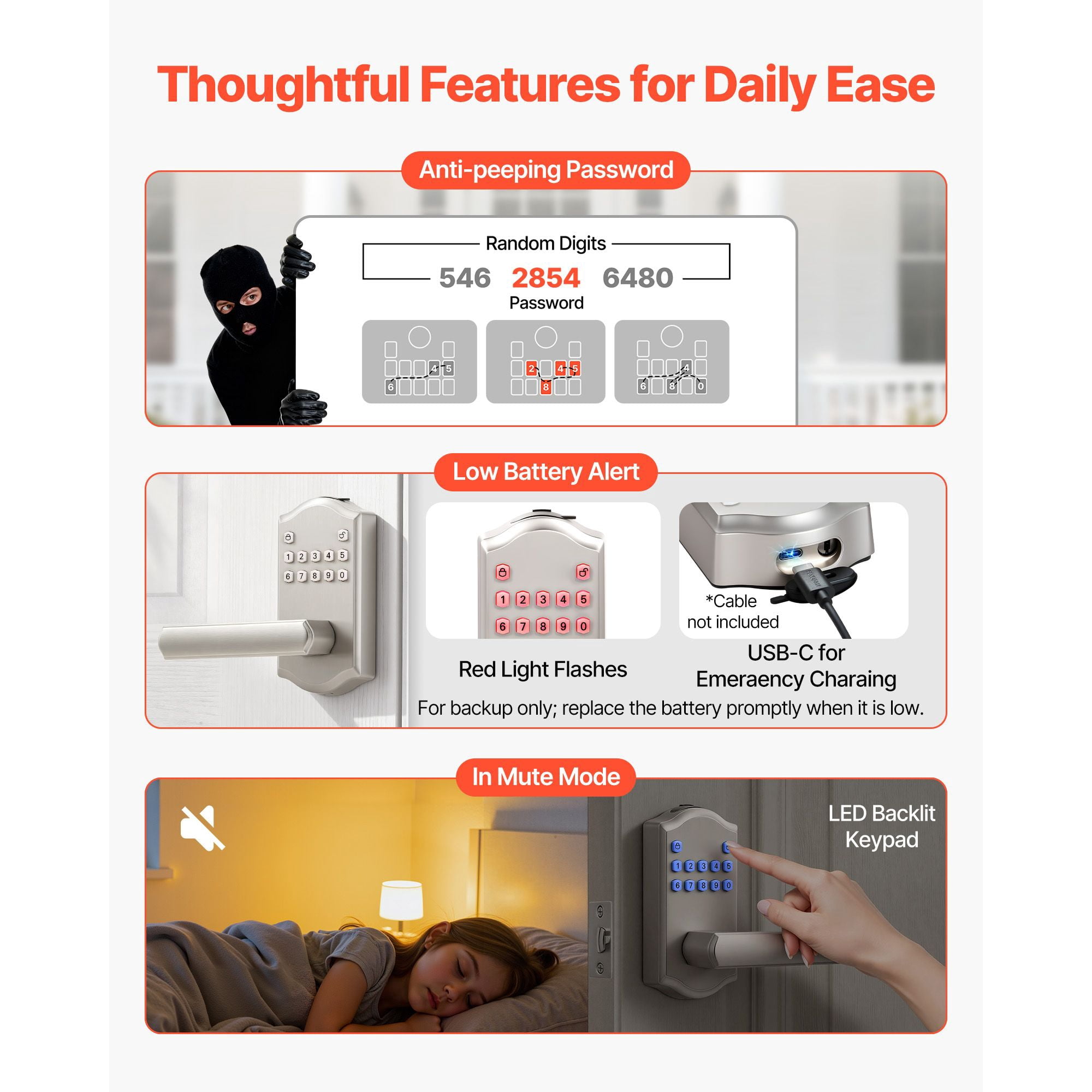 Keyless Entry Door Lock with Handle Electronic Lever Keypad 100 User Codes Auto Lock Anti-Peeping for Home Office Apartment