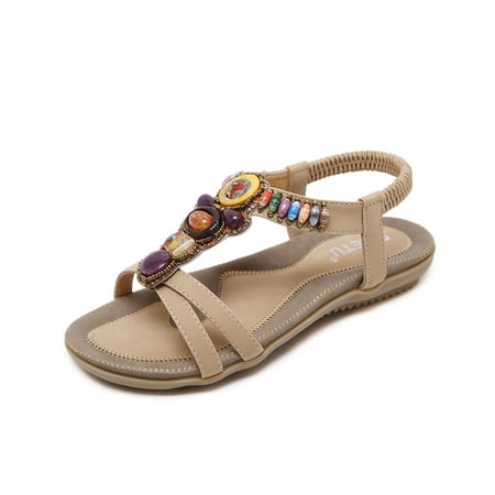 

huanledash Summer Bohemian Women Sandals Straps Anti Slip Beads Soft Insole Flat Sandals for Office
