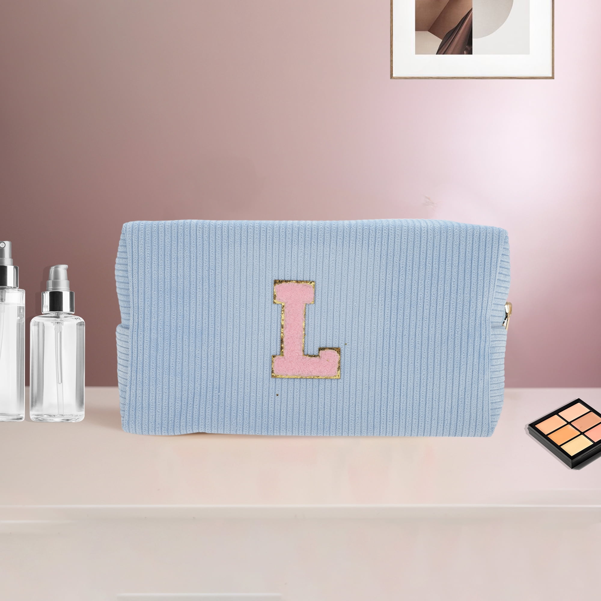 Unique Bargains 1 Pc Corduroy Rectangular Letter Makeup Bag Sky Blue [Letter L]