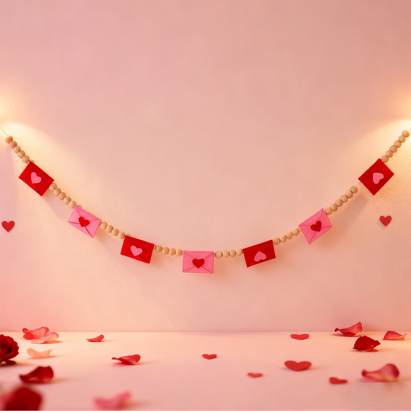 Valentine's Day Banner with Heart Shaped Felt Envelopes and Wooden Pennants, Adjustable Rustic Wall Decor for Valentine's Party and Home Decorations