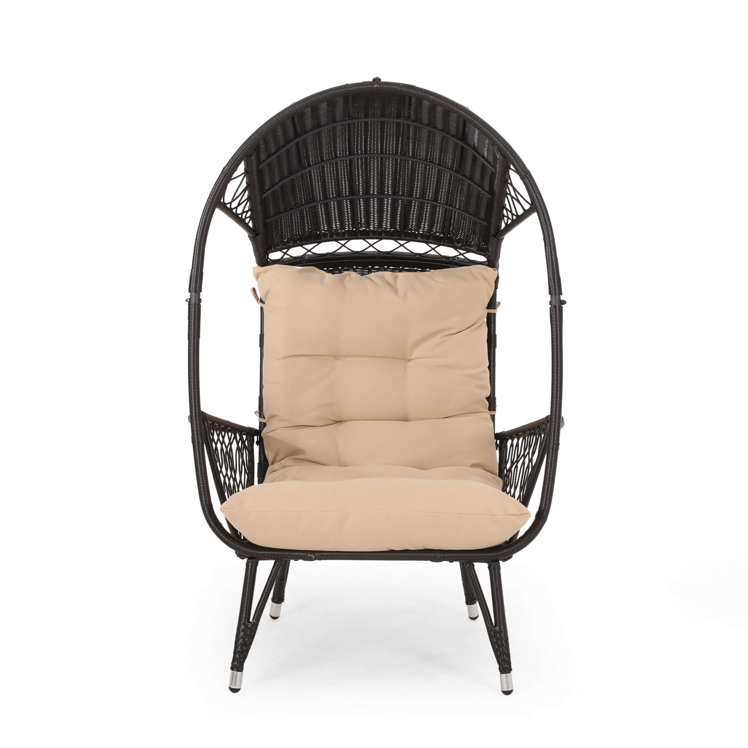 Outdoor Standing Basket Style Leisure Chair, Wicker Weave Single Relaxing Seat for Patio Garden, Button and Beige