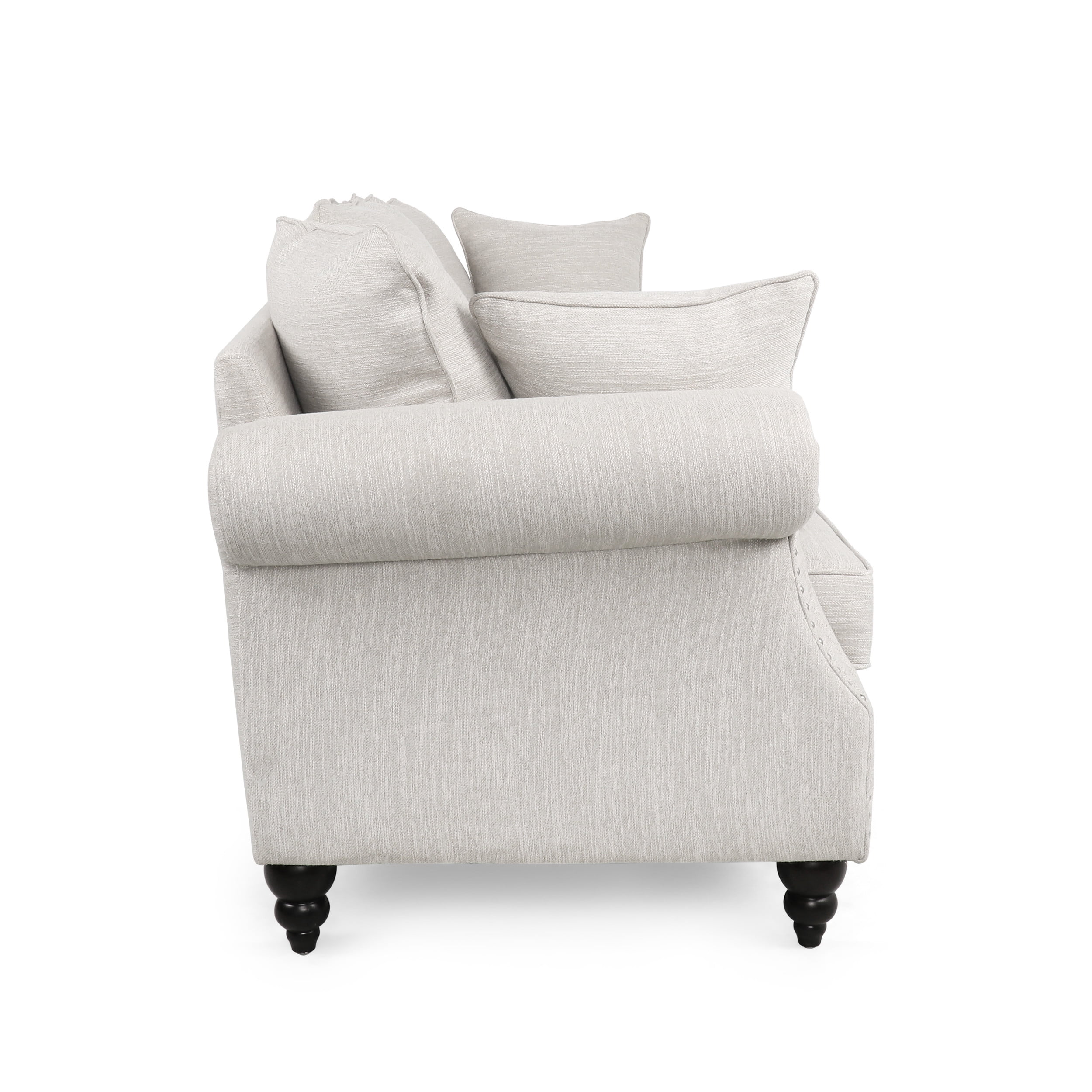 Noble House Viewland Fabric Pillowback 3 Seater Sofa with Nailhead Trim, Beige and Dark Brown