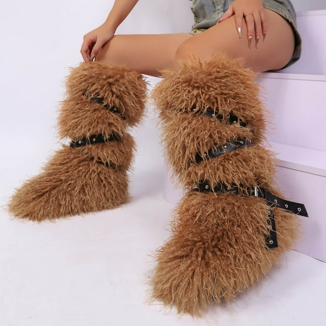Bottes Mi-Mollet Isolées pour Femmes Brunes avec Intérieur Poilu et Talon Plat Idéales pour l'Hiver, Tige Longue, Bout Rond, Laçage, Style Extérieur