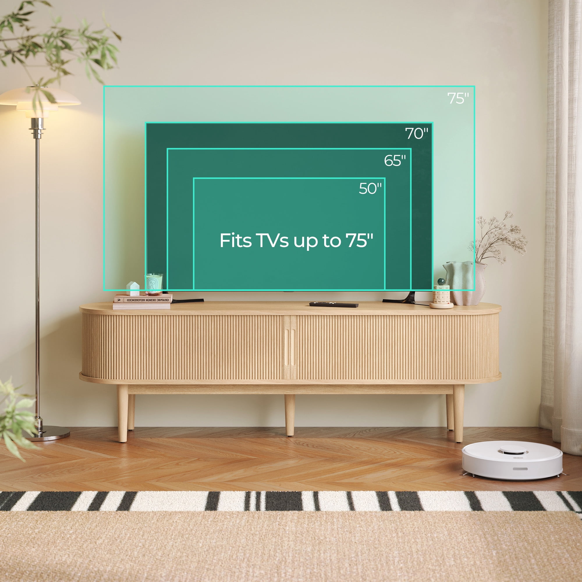 LINSY HOME Fluted TV Stand for TVs up to 75", Mid-Century Home Entertainment Center with Sliding Tambour Door and Adjustable Shelves, Oak