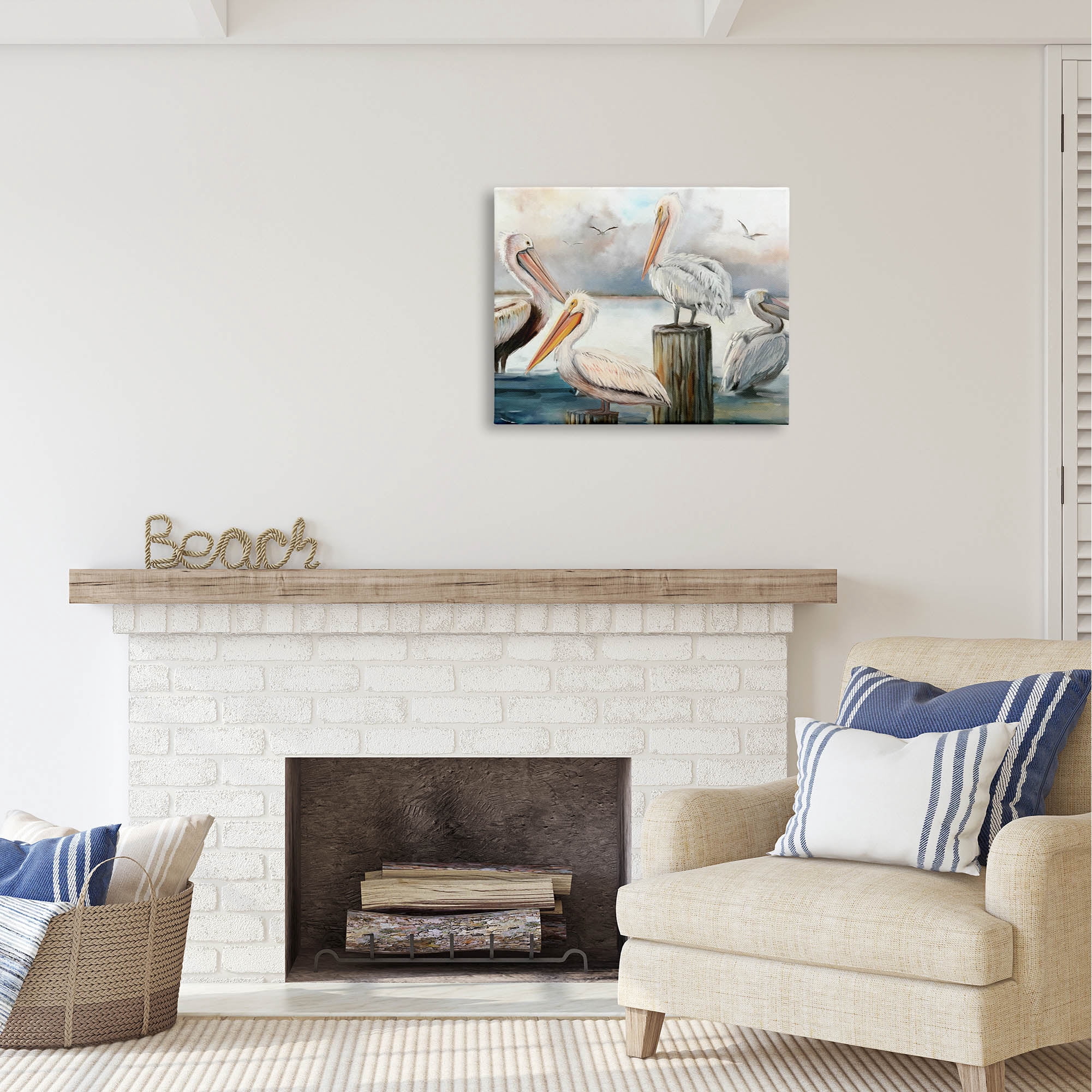 Stupell Industries Pelicans Perched Cloudy Horizon Coastal Painting Gallery Wrapped Canvas Print Wall Art