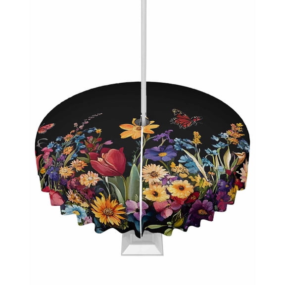 Fsddascl Spring Colorful Floral Outdoor Tablecloth - 54 Inch Round Dining Table Cover, Flowers Black Waterproof Outdoor Table Cloth with Umbrella Hole & Zipper for Picnic/Patio/Party