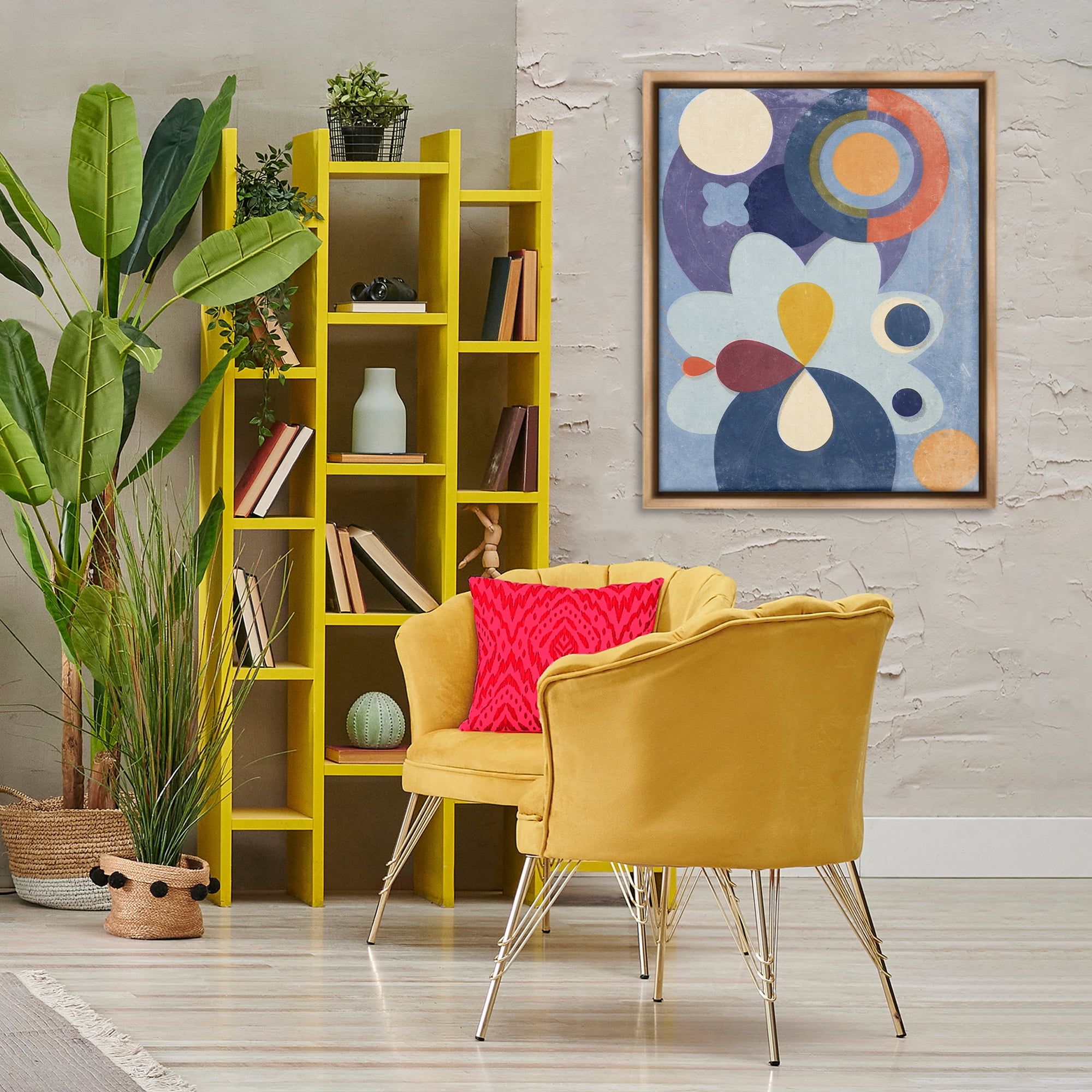 Stupell Industries Blue Retro Shapes Abstract Painting Brown Floater Framed Canvas Art Print Wall Art, 25 x 31