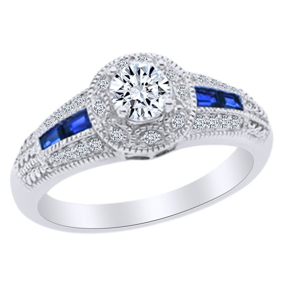AFFY Simulated Blue Sapphire & White Natural Diamond Engagement Ring in 14k White Gold
