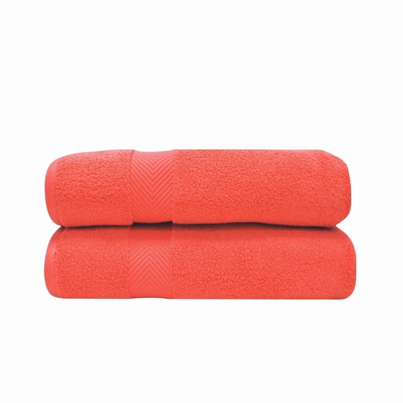 Zero Twist 575 GSM 100% Combed Cotton Chevron Border 2-Piece Bath Sheet Set Coral