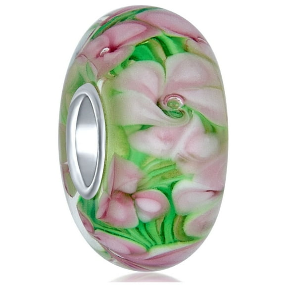 Murano Glass .925 Sterling Silver Core Floral Green Pink Tropical Flower Spacer Charm Bead Fits European Bracelet for Women Teen
